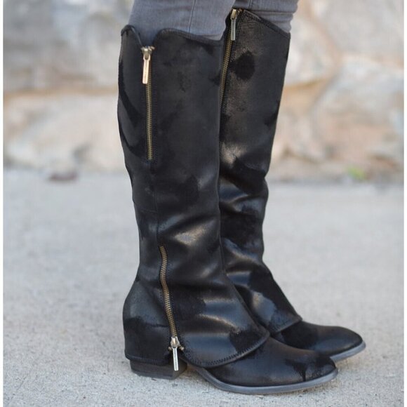Donald J Pliner Devi Tall Black Knee High Riding Moto Biker Leather Boots 6.5M - Picture 1 of 10